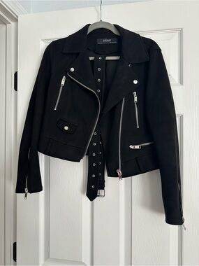 Zara Black Vegan Suede Moto Jacket with Zip Details